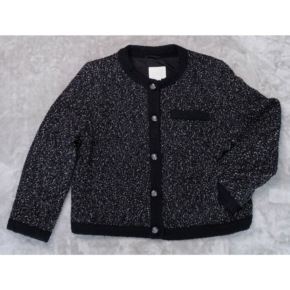 H&M Black White Textured Weave Wool Blend Tweed Lined Jacket Womens Size L